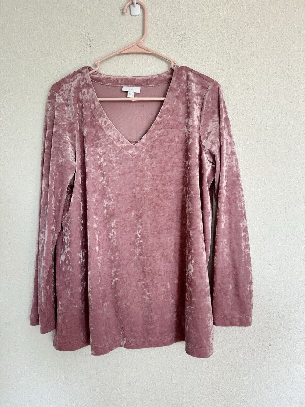 J Jill  Blush Pink Crushed Velvet Velour Long Sleeve Babydoll Top Shirt Size M